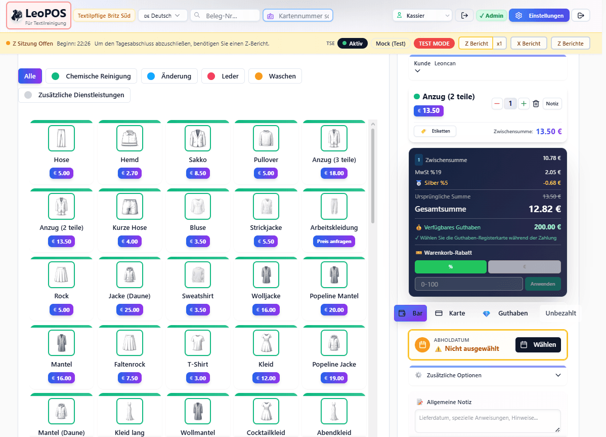 LeoPOS checkout screen with item selection, basket and payment methods